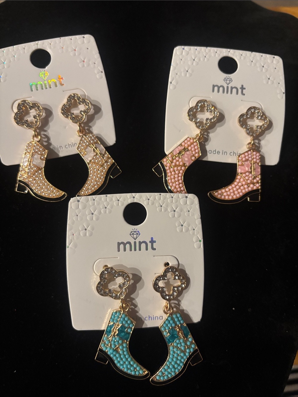 Mint Beaded Cowboy Boot Drop Earrings in Pink, Turquoise, and Gold